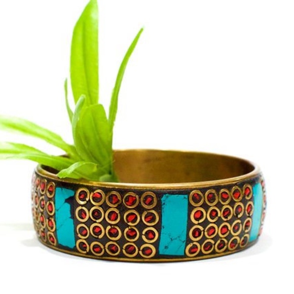 VTG 70's Turquoise Coral Inlayed Brass Bangle - Picture 2 of 4